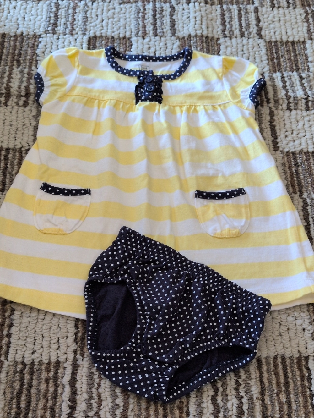 Girls' Yellow & White Striped Top W/ Navy Polka Dot Trim & Matching Bottom.